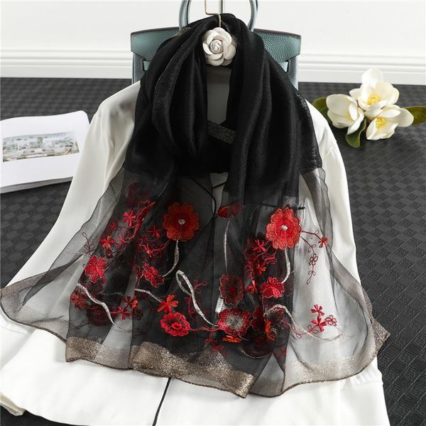 

2020 real silk scarf floral wool shawl fashion embroidery bandana winter scarves lady headband foulard wrap neckerchief, Blue;gray