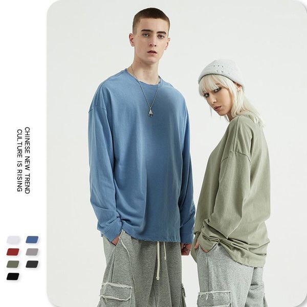 

loose frayed casual men t-shirt long sleeve solid o-neck autumn winter fashion pullover bottoming high street man tshirt 20201, White;black