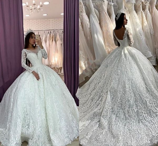 

arabic lace ball gown wedding dresses 2021 middle east dubai long sleeves bridal gowns corset back vestidos de novia plus size al7567, White