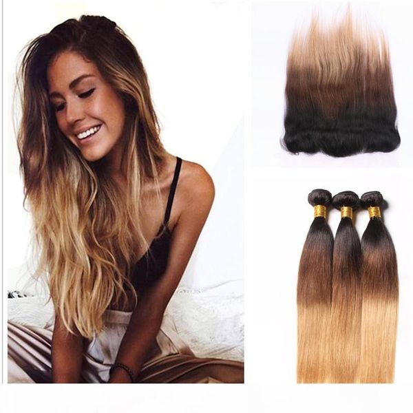 

1b 4 27 honey blonde lace frontal with bundles brown blonde colored hair with lace frontal chris brown three tone straight hair bundles, Black;brown