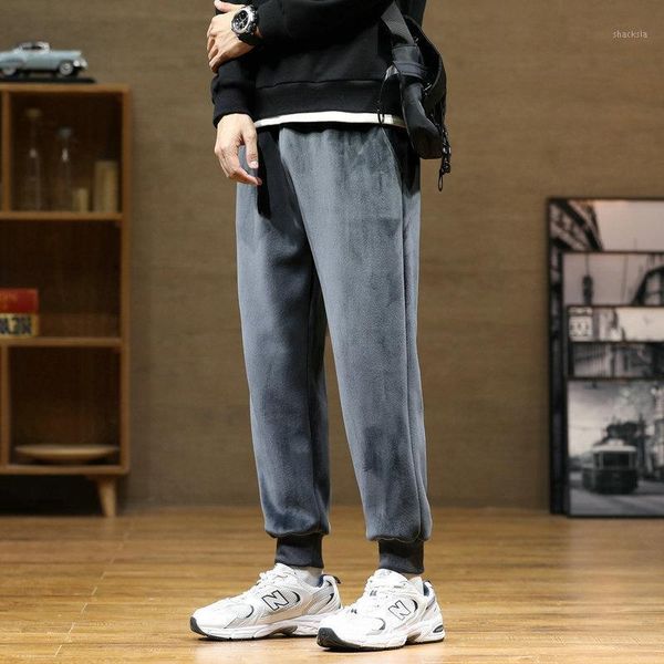 

winter warm pants men fashion pants fleece beam closed the feet elastic waist casual velvet thicken men's trousers1, Black