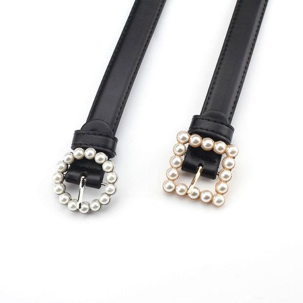 

belts women black pu leather belt alloy square round buckle pearls decoration waistband for jeans female ladies lovely cinturon mujer, Black;brown
