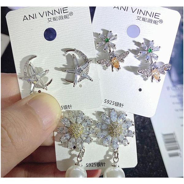 

new earrings 925 silver pin korean dangle shiny rhinestone drop color temperament zircon heart bees pearl micro wmtpib homes2007