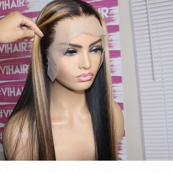 

heighlight brazilian hair straight wig 13x4 6 lace part wig middle part for black women with baby hair small cap size, Black;brown