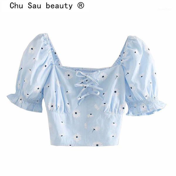 

chu sau beauty new fashion casual chic vintage floral print cotton crop women summer bow short sleeve ladies short blouses1, White