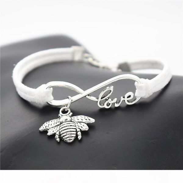 

afshor fashion antique silver insect cute honeybee bee charm pendant infinity love gifts leather suede bracelet for women men unique jewelry, Golden;silver