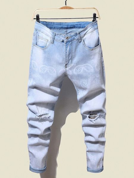 

men scroll print ripped jeans f3ts#, Blue
