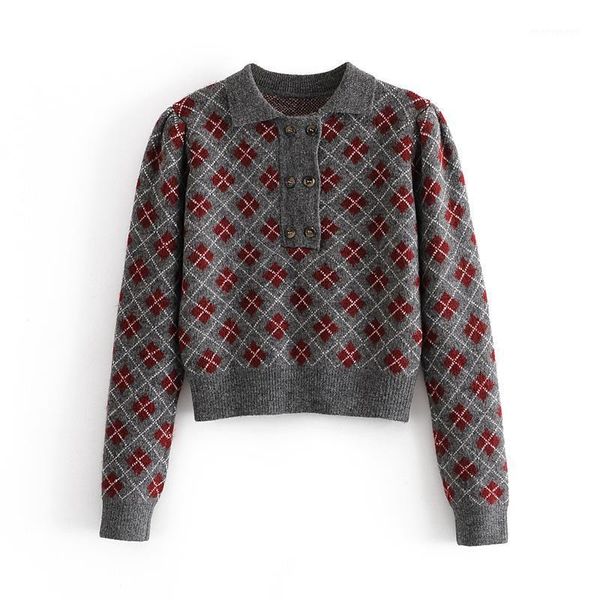 

women's polos fall knitwear jackets lozenged long sleeved wool mixed fabric plaid lapel fashion clothes1, White