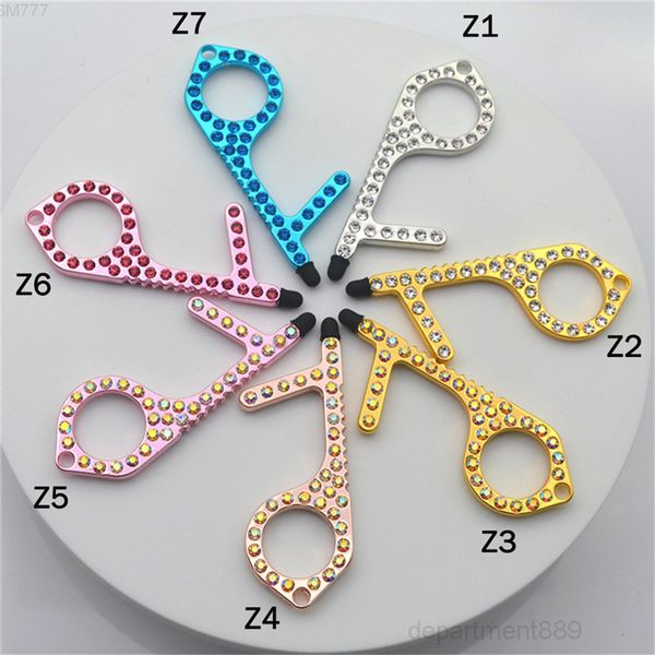 

7 styles edc zinc alloy diamond door openers touchless safe press elevator tool portable fashion key chain owe2749