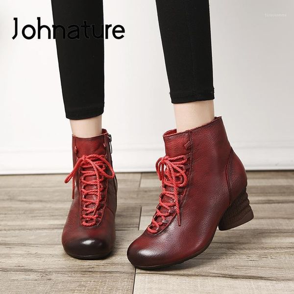 

boots johnature retro women shoes genuine leather platform handmade winter zip round heels cross-tied leisure ankle boots1, Black