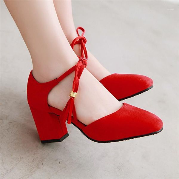 

yqbtdl summer 2021 leisure lace up block heel shoes red black gray pink flock women high heels pumps ladies office shoes1