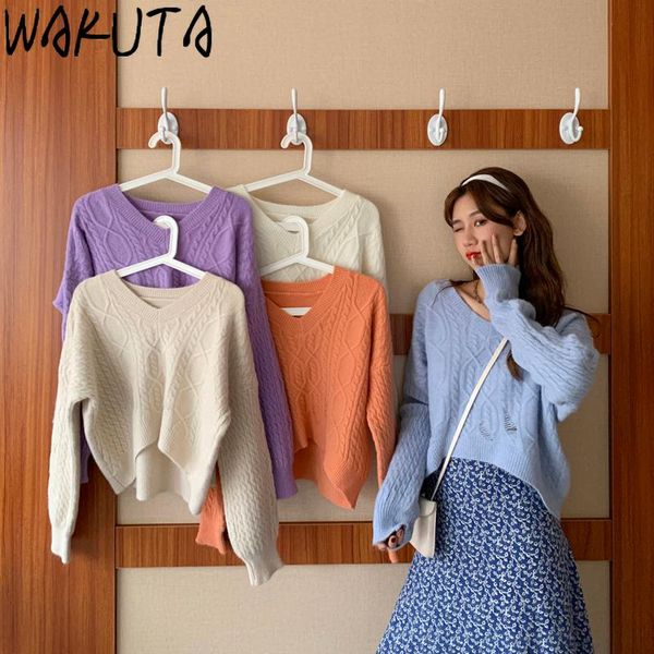 

wakuta hole sweater women 2020 autumn new elegant loose v-neck solid batwing sleeve pullovers korean style blue knitwear, White;black