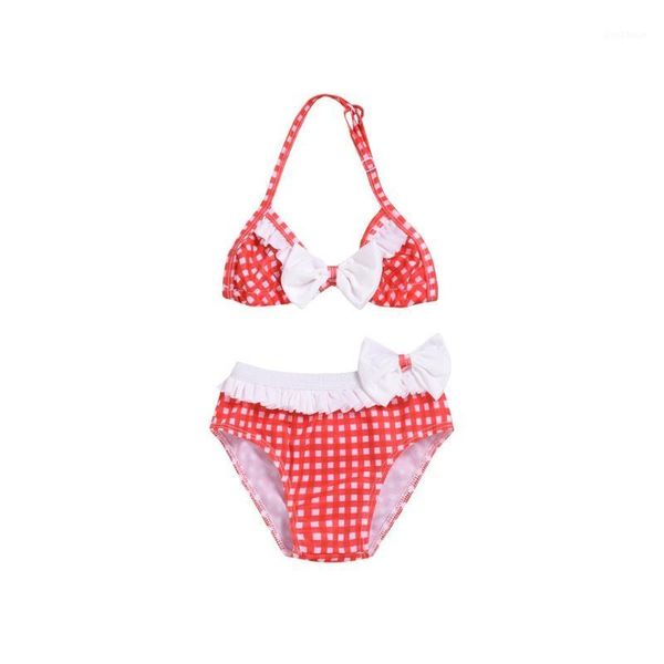 

children's swimwear baby kids girls summer bow suspender plaid printed bikini swimsuit set fashion separate x1
