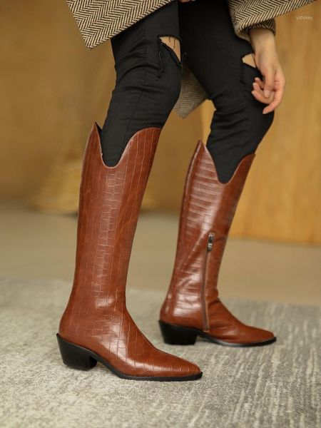

boots brown cow leather women riding british long knee high bottes side zipper white cowboy autumn botines femmes chaussure1, Black
