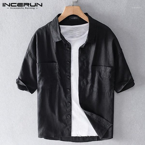 

incerun summer men short sleeve shirt 2020 solid color cotton lapel harajuku camisa chic streetwear casual shirts hombre s-5xl1, White;black