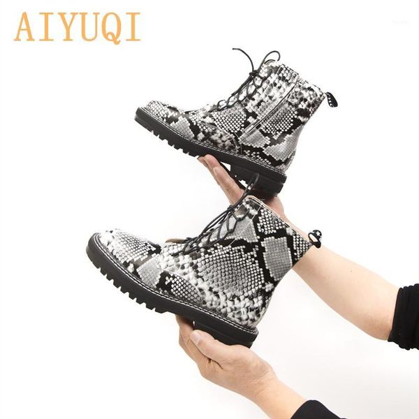 

boots aiyuqi women 2021 spring women's booties lace up snake pattern shoes ankle boots1, Black