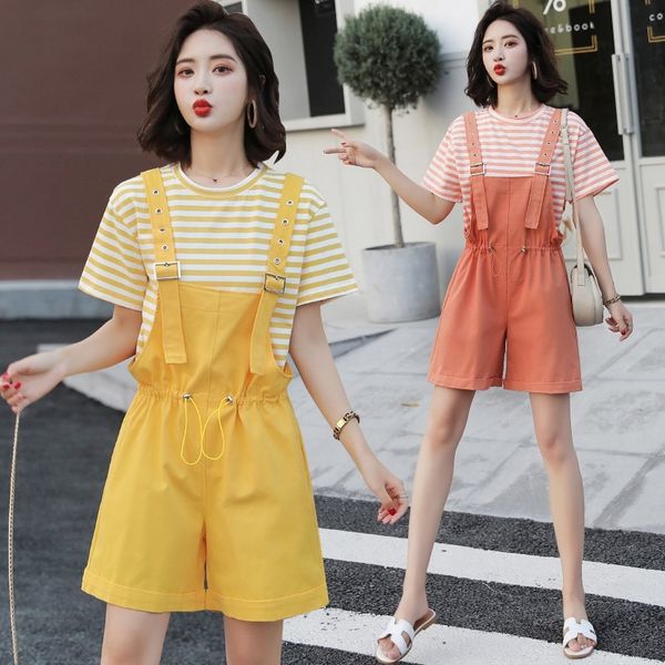 

uau0h striped t-shirt slimming shortswomen sling shortst-shirt for 2020 summer new casual age-reducing loose set wide leg suspender shorts t, Gray