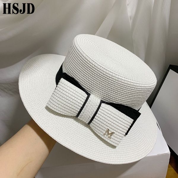 

french straw flat bow female hats m panama elegant wide brim anti-uv beach hat women's summer sun cap gorras y200602, Blue;gray