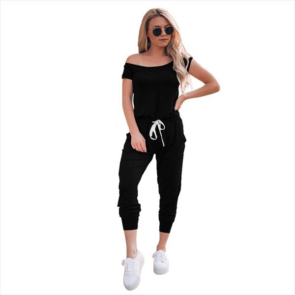 

svokor womens casual pants solid color short sleeve shoulder skull jumpsuit summer casual set womens clothing, Black