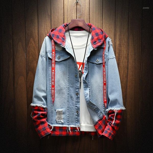 

new denim jacket men patchwork gold ribbon cowboy punk rock men's jacket high street fashion outwear men coat 2021 autumn1, Black;brown