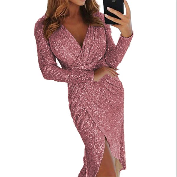 

2020 fashion europe and the united states new ladies stamping long-sleeved v-neck shiny dress skirt evening party dress size s-3xl, White;black