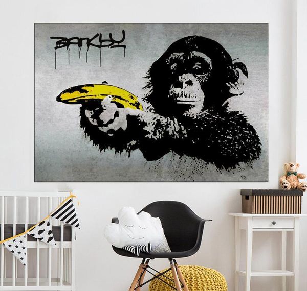 

banksy art for printed pictures canvas banana painting a decor graffiti home chimpanzee wall holding room living wmtxl bdesybag