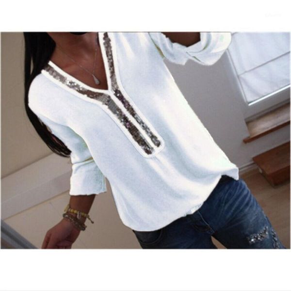 

meihuida plus size women boho chiffon blouses shirt v-neck long sleeve sequin solid loose blouses1, White