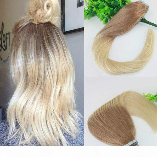 

two tone tape in human hair extensions #18#613 ombre blonde seamless brazilian virgin human hair skin weft slik straight100g 40pcs, Black