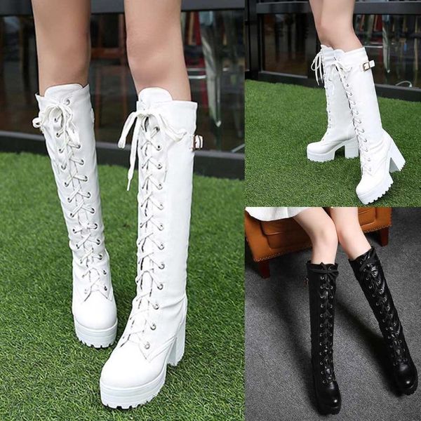 

women boots fashion high heel lace up pu leather thick platform knee square heel snow boot female shoes plus size m50#, Black