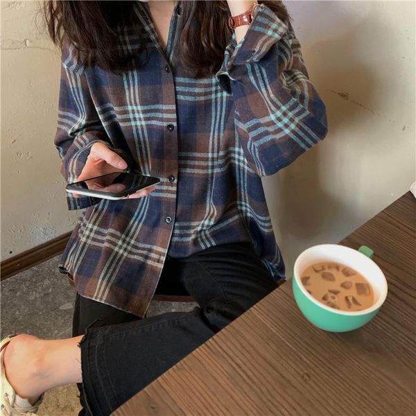

women's shirts ulzzang japanese kawaii ladies vintage casual loose contrast plaid shirt female korean harajuku clothes for women, White