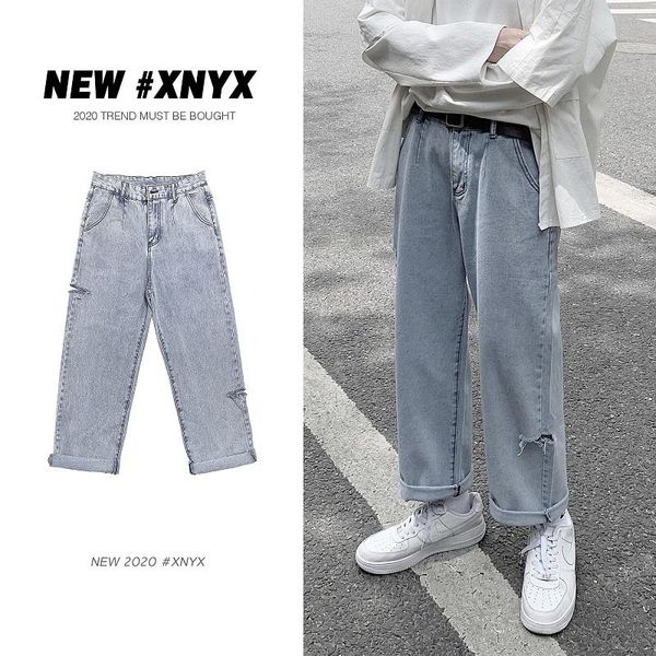

summer skinny ripped jeans men's fashion retro casual wide-leg jeans men streetwear hip hop straight denim pants mens s-3xl, Blue