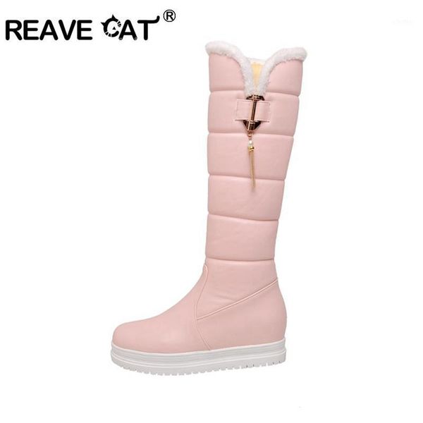 

reavecat winter warm down snow knee-high boots 2cm flat with patent leather pull on fringe big size 34-43 pink casual a32011, Black