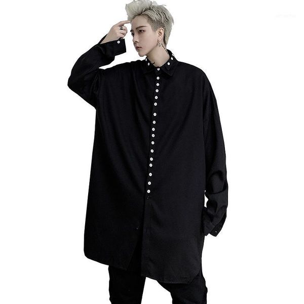 

men multiple buttons casual long sleeve loose shirts male streetwear punk gothic hip hop long style shirt1, White;black