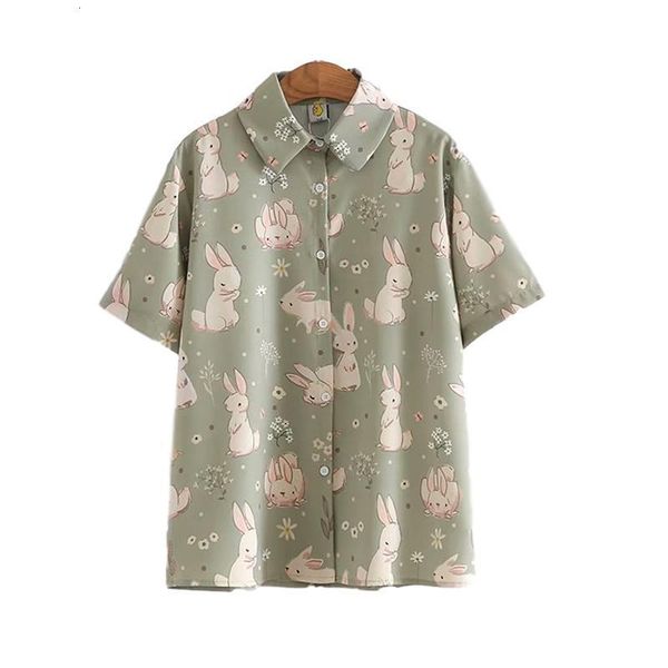 

japanese soft girl style kawaii rabbit printed teens sweet vintage green blouses korean college cute loose chiffon shirts, White