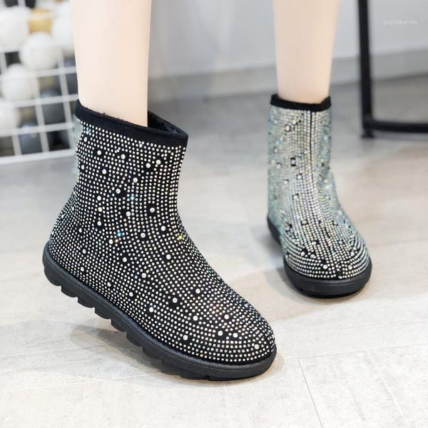 

boots flats plush fur snow women 2021 winter boot shoes bling crystal ankle warm platform casual black white woman1