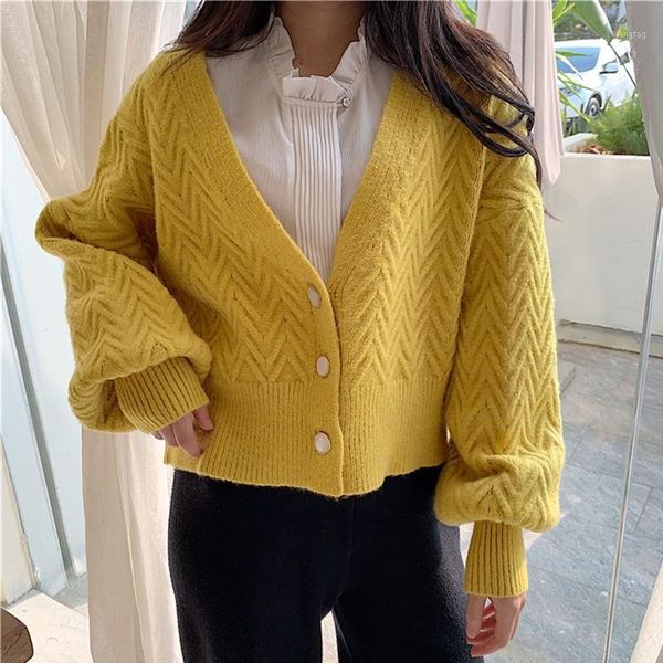

ewq] autumn 2020 sweet casual lantern sleeve v-neck women coat thick sweater short simple knitted cardigan sweater multicolor1, White;black