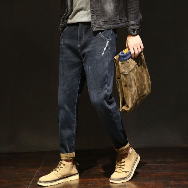 

2020 new men's warm jeans and jeansautumn jeans loose embroidered pants feet thickened warm men's harem pants jqmwo, Blue