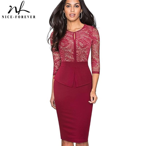 

nice-forever autumn elegant lace patchwork dresses business party bodycon women fitted slim dress b595, Black;gray