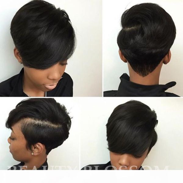 

100% human hair wigs with bangs short cut wigs pixie black hair glueless little lace front human hair wigs for women, Black;brown