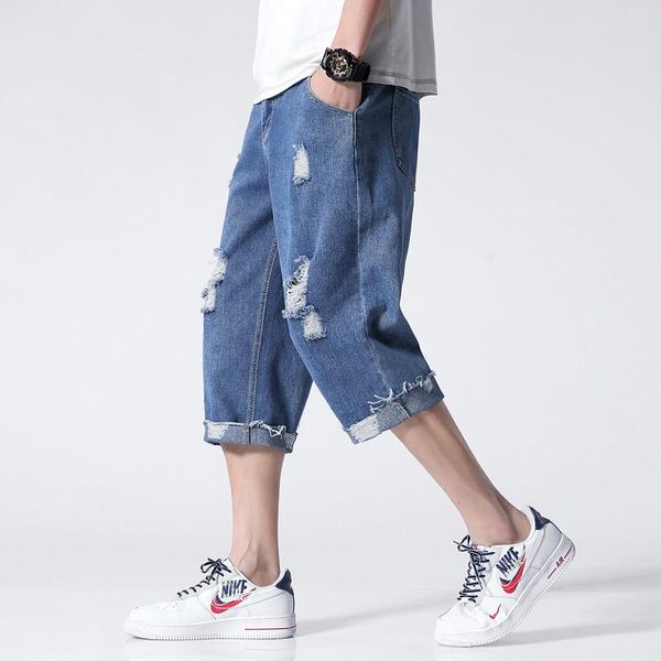 

men's jeans brand cropped men clothing ripped cargo pants for man 2021 plussize homme fashion korean style casual clothes, Blue