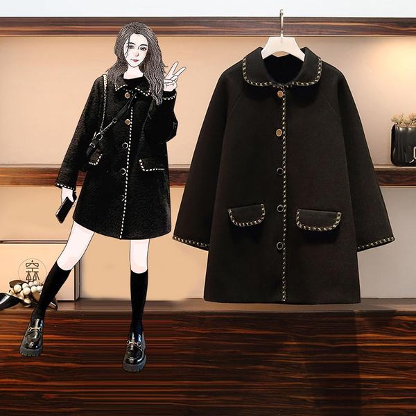 

jxmyy woolen coat female fat sister autumn and winter new style hepburn style small all-match mid-length black coat