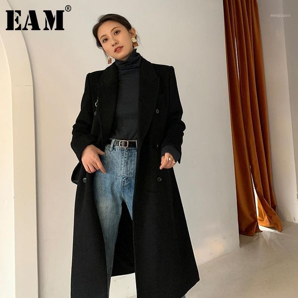 

eam] loose fit black brief big size long woolen coat parkas new long sleeve women fashion tide autumn winter 2020 1x5881