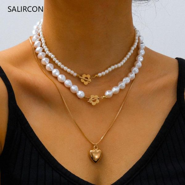 

salircon мода барокко перл choker ожерелье для женщин элегантный многослойной цепи сердца кулон коренастый ожерелье свадебные украшения, Silver