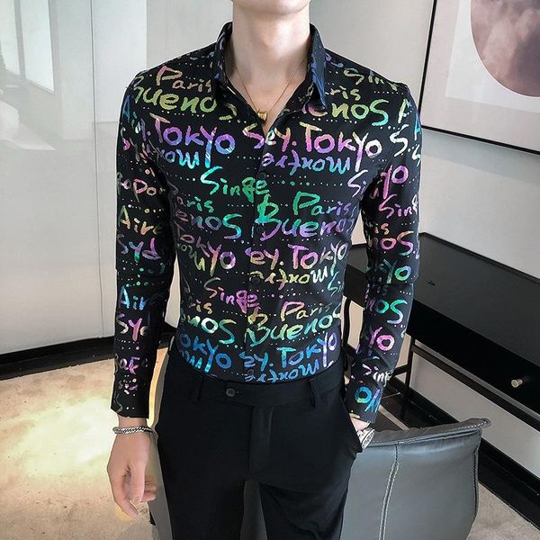 

autumn mens colorful letters dress shirt fashion man luxury slim fit social shirts casual men party night club long sleeve shirt, White;black