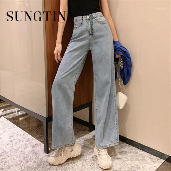 

sungtin korean spring jeans woman high waist straight pants wide leg female loose long pants casual blue denim trousers vintage1