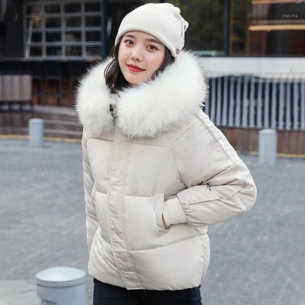 

2020 women's winter down jackets hooded solid short puffer coat female plus size loose with fur collar casual thick outwear1, Black