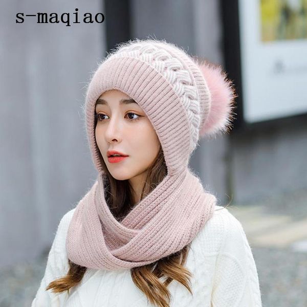 

new woman winter hats fashion woolen hat scarf 2in1 set sweet girl hat scarfs sets for female warm knitted fur pompom cap, Blue;gray