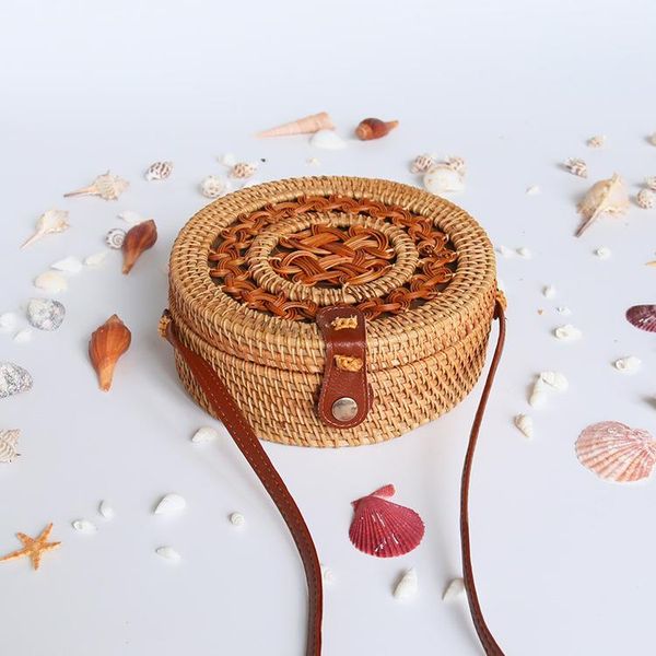 

circular handwoven rattan shoulder bag women summer beach handbag fashion straw purse hollow out design canvas lining girl lady