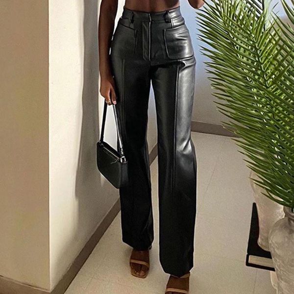 

women's pants & capris autumn winter women's casual black brown stretch faux leather pu warm female trousers loose high waist pant, Black;white