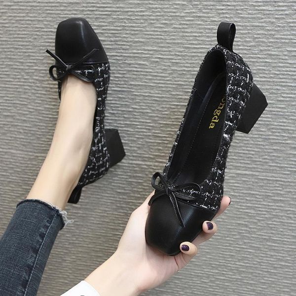 

dress shoes 2021 spring women pumps costume tweed boat plaid high heels office work patchwork chunky heeled 7967n, Black